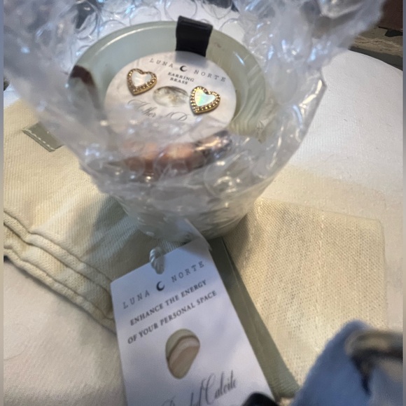 NWT Luna Norte Mother of Pearl Heart Studs with Banded Calcite Box Case & Pouch - Picture 6 of 11